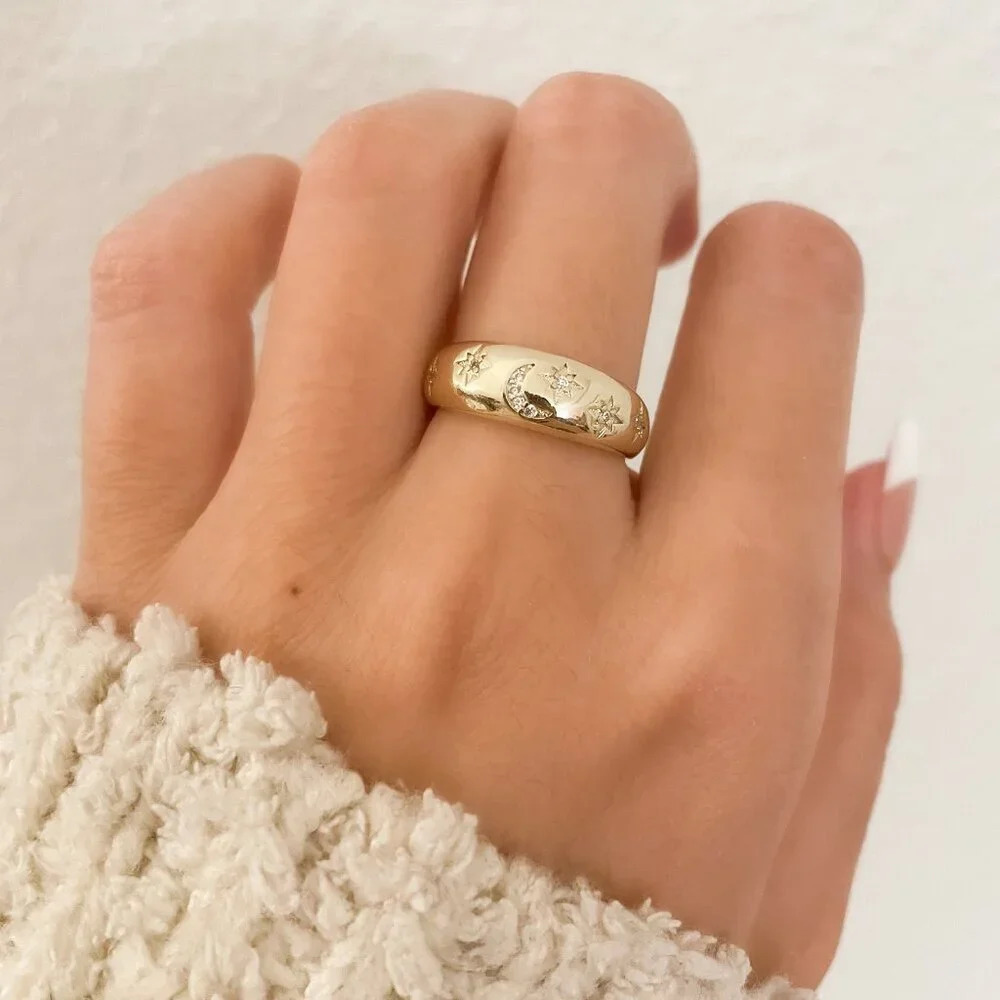 925 Sterling Silver Moon & Star Ring Gold Ring Band Celestial Ring Moon Ring - Picture 3 of 8